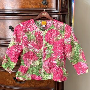 Ruby Rd. Floral Zip Up Peplum Jacket Pink Green Floral Semi-Sheer Burnout Sz. 14